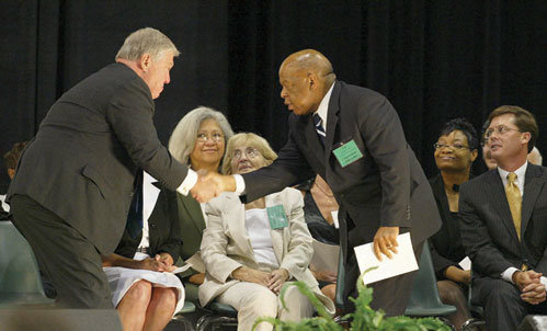 Gov. Haley R. Barbour, left, greets Rep. John Lewis, Democrat from Georgia and a veteran of the civil rights moment, at the 40th anniversary commemoration of the civil rights murders in Neshoba County on June 20, 2004. “We know that when evil is done it is a complicit sin to ignore it, to pretend it didn’t happen even if it happened 40 years ago. You have to face up to your problems before you can solve them,” Barbour said in Neshoba County 40 years after James Chaney, Andrew Goodman and Michael Schwerner were murdered here by the Ku Klux Klan because they were registering blacks to vote.