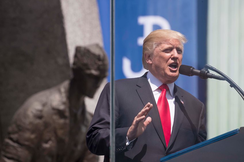 President Donald Trump speaks at Krasinski Square in Warsaw, Poland, July 6, 2017. Trump, delivering a stark message to a friendly Polish crowd before a two-day G-20 summit, cast the West’s battle against “radical Islamic terrorism” as a way to protect “our civilization and our way of life.” (Stephen Crowley/The New York Times)
