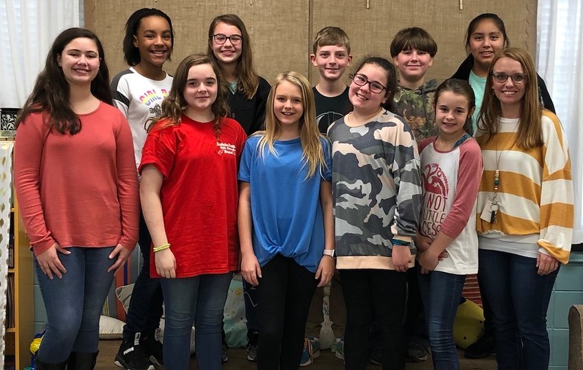 Neshoba Central sixth grade TAG students are, first row, from left: Lillie Thompson, Hannah Sullivan, Aly Thomas, Atley Thomas, Anna Norris and teacher Becky Spears.  In back are: Jayden Peeples, Laura Frances Eakes, Prentice Copeland, Gavin Gentry and TK Ben.