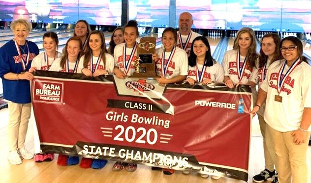 The Neshoba Central Lady Rocket bowling team won the Class 2 state championship for the fourth year in a row and for the fifth time in the past six years. Members of the team are, not in order of the photo, Madison Breazeale, Destiny Dill, Kathryn Dreifuss, Sarah Lewis, Ashton Luke, Ainzley Moore, Olivia Nicholson, Emely Randolph, Jaiden Sawyers, Reagan Thornton and Allie Williams. Joey Blount is the head coach and Tricia Joyner and Jimmie Joyner are the assistant coaches.