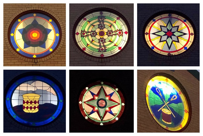 The stained-glass windows at Tucker Elementary reflect Choctaw heritage.