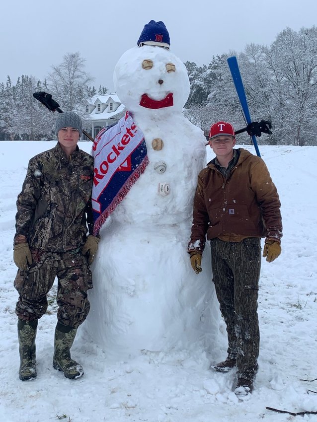 Cade and Reid Hall built a snowman ready for Neshoba baseball season!