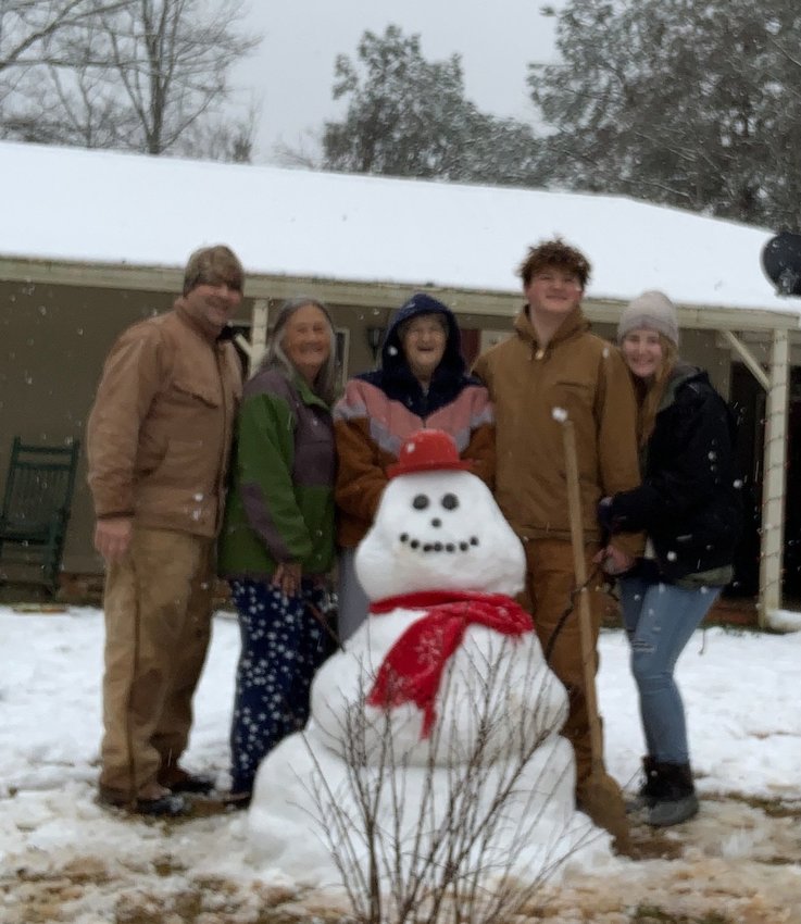 Enjoying snow day 2021 at the Joy Littrell residence. Left to right are: Ronald Burton, Theresa Kilgore, Joy Littrell, Johnathan Burnham, and Katie Bassett,