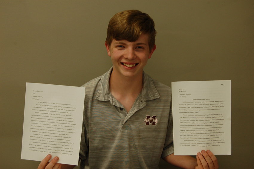 Spencer Rea, a rising junior at Neshoba Central, shows off the essays he wrote on the state and national levels for the Technology Student Association. The national competition recently ended on June 26.