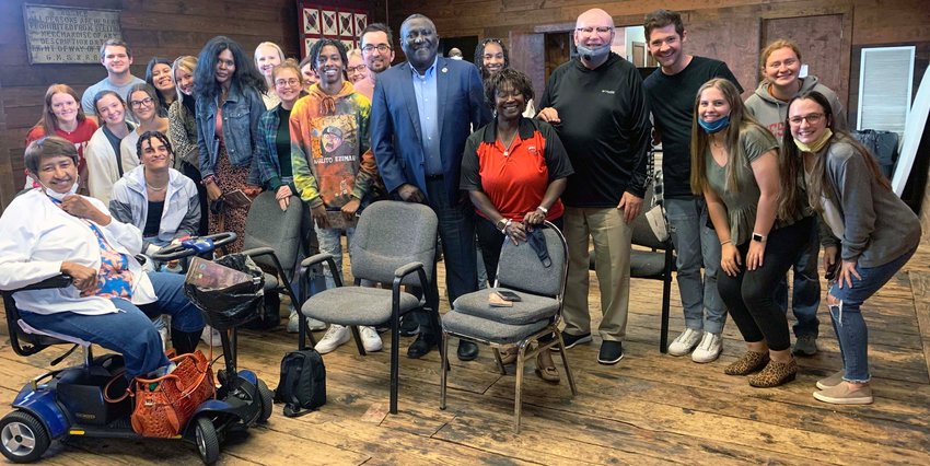 Mayor James A. Young with the Western Kentucky students at the Depot. At left is Jewel McDonald, a member of Mt. Zion who was a high school senior at the time of the "Mississippi Burning" murders in 1964.