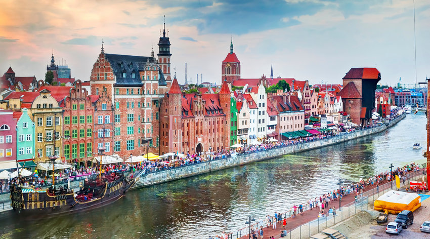 Top view on Gdansk old town and Motlawa river, Poland at sunset. Also known as Danzig and the city of amber.