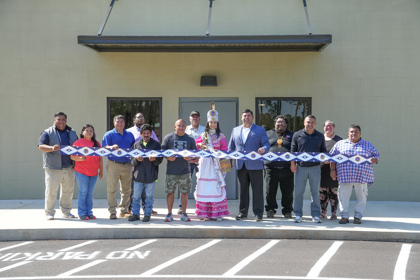Pictured, left to right, are Jeremiah Harrison, Rita Willis, Wes Wallace, Bradley Isaac, Jeremy Billie, Pearl River Councilman Kent Wesley, Ron Alex, 2021-2022 Choctaw Indian Princess Shemah Crosby, Tribal Chief Cyrus Ben, Fred Willis, Jason Grisham, Misty Brescia, and Eddie Sam