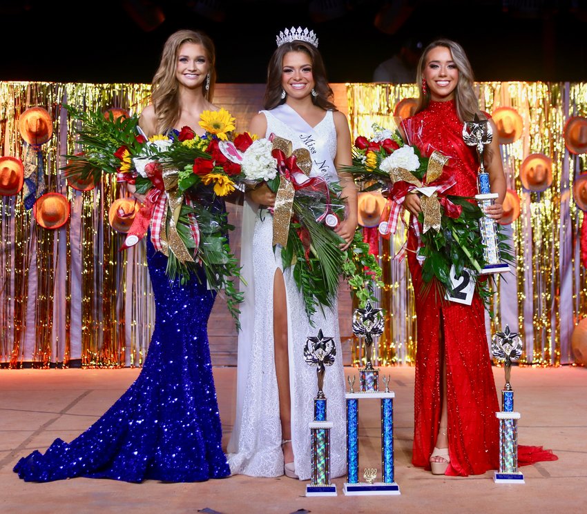 The top three finalists in this year’s Miss Neshoba County Fair Pageant are, left to right, 2nd Alternate Meredith Leigh Adams, Miss Neshoba County Fair Grace Caroline Maxey, and 1st Alternate  Faith Anne Shumaker.