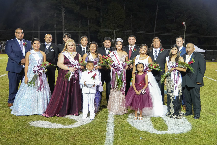 Pictured, from left, are (Front) crown bearer Colt Frazier, flower girl Violet Farve, (Back) Principal Alaric Keams, freshman maid Lexi Rodriguez, escort Abraham Rodriguez, escort Damian Tubby, senior maid Lexie Love, escort Rory Willis, junior maid Tory Henry, escort Randy Farve, CCHS Homecoming Queen Hunter Farve, Tribal Chief Cyrus Ben, senior maid Emaliyah King, escort Elray King, sophomore maid Brylee Willis, Director of Schools Dr. Randy Grierson and escort Carl Isaac.