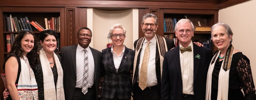 Pictured, from left, are Cantor Green, Rabbi Joseph, LeRoy Clemons, Oregon Gov. Tina Kotek, Rabbi Cahana, Congressman Blumenauer, and Cantor Cahana.