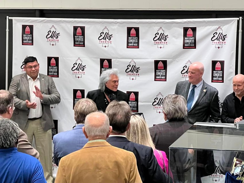 From left, Tribal Chief Cyrus Ben, Marty Stuart and State Rep. C. Scott Bounds address a crowd of nearly 50 state legislators that visited the Congress of Country Music last week.