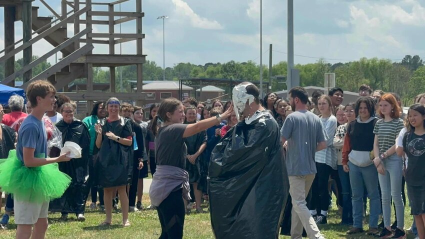 Neshoba Central Middle School Principal Jacob Drury gets a pie in the face last week during the school’s annual Pie-in-the-Face event.
