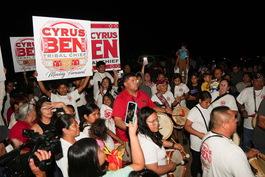 Tribal Chief Cyrus Ben gathers with supporters last Tuesday night awaiting results from the election.