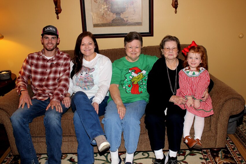 “Miss Dean” Spears Barrett, second from right, sits with three generations of her family celebrating 101 years. Pictured, from left, are Ethan Wilkinson, Marcy Fulton Wright, Frances Barrett Sciple and Madelyn Wilkinson.