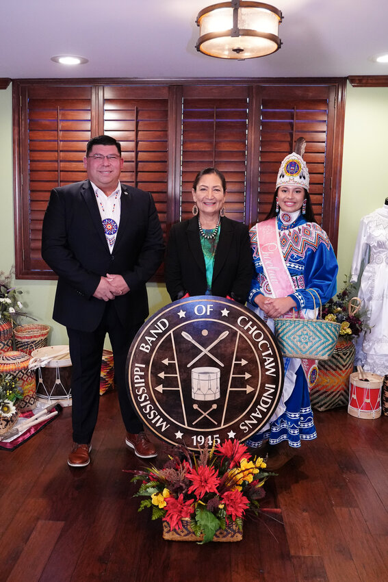 Secretary of the Interior Deb Haaland with Tribal Chief Cyrus Ben and 2023-2024 Choctaw Indian Princess Nalani LuzMaria Thompson.